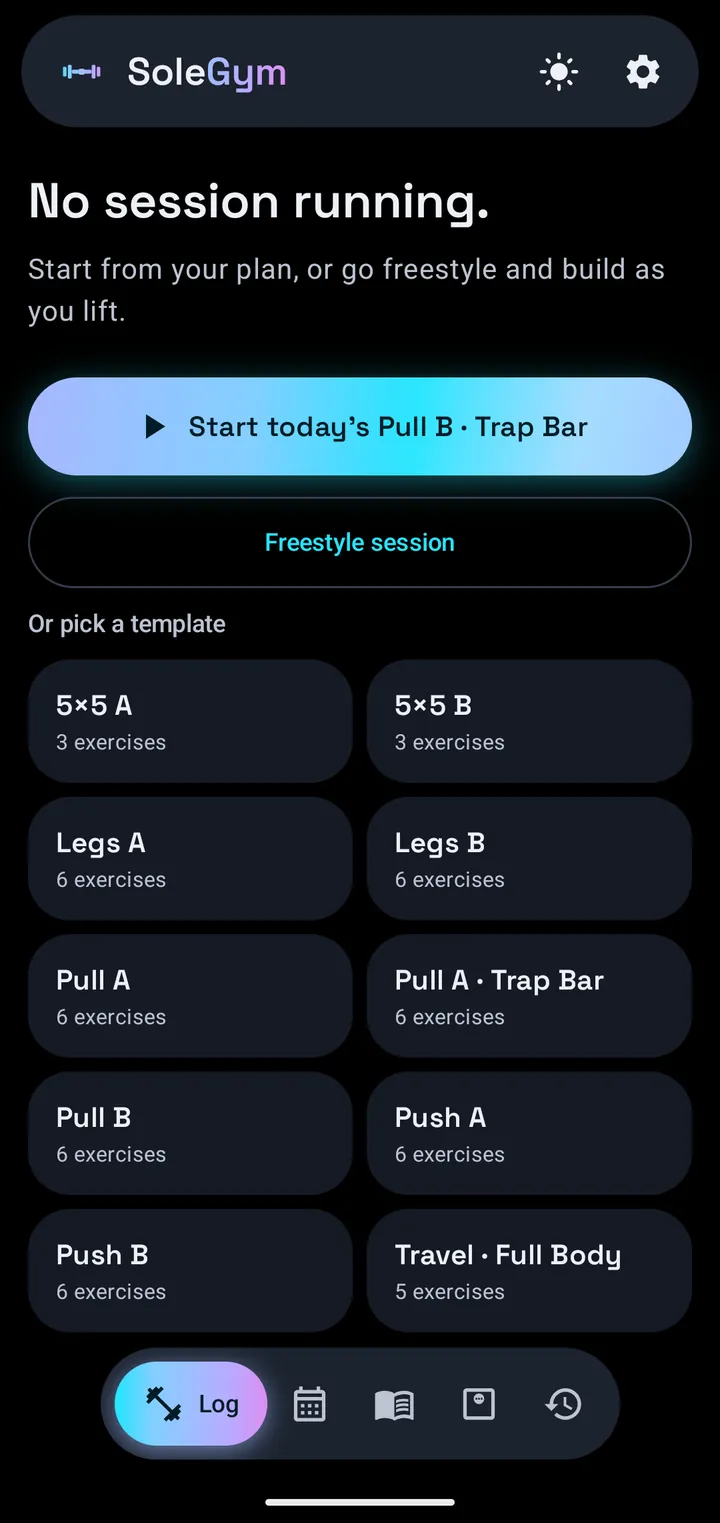 The Log tab with no session running.