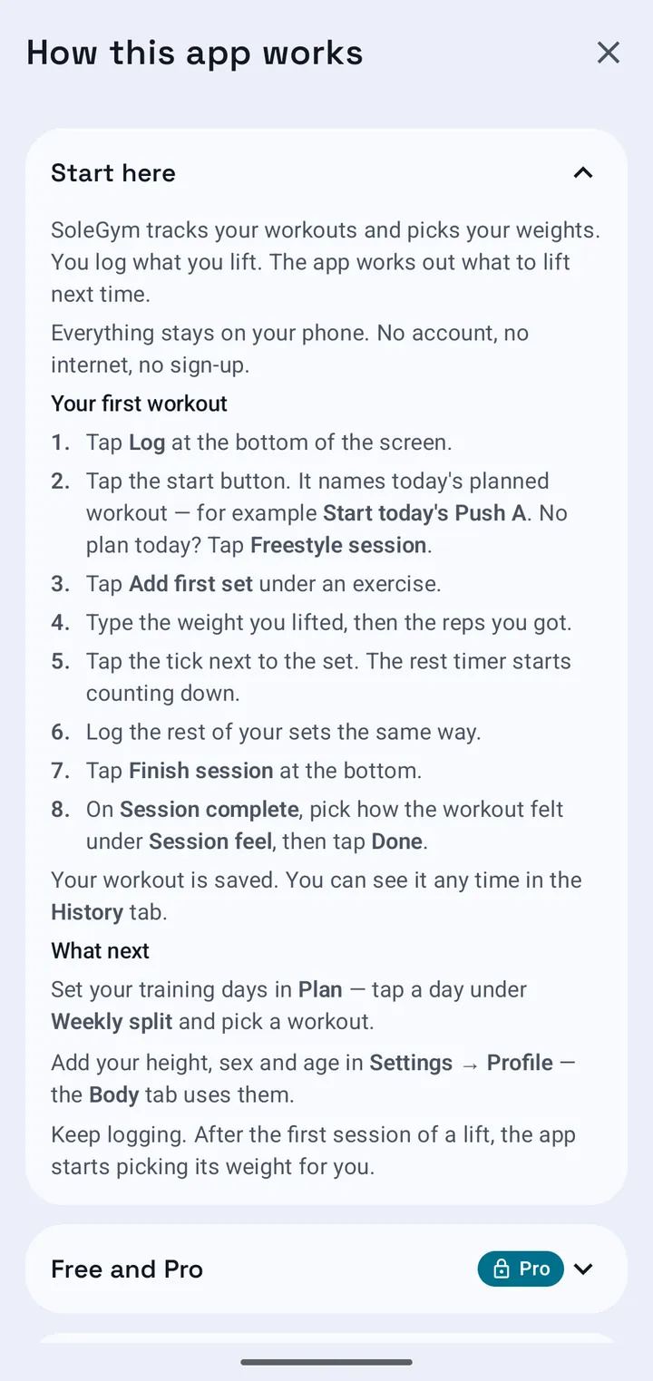 The Help page inside the app, listing the same collapsible sections.