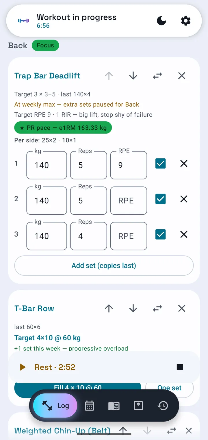 The Log tab mid-session: an exercise card showing the engine's target, plate-math chips and set rows, with the rest timer counting down.