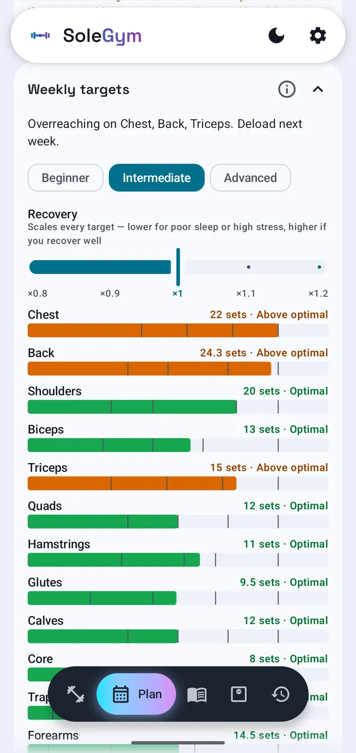 Each muscle group's planned sets shown against the range that grows it, with a plain-language zone label.